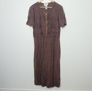 Vintage Dark Brown Short Sleeve Button Vest Front Embroidered Patterned Large